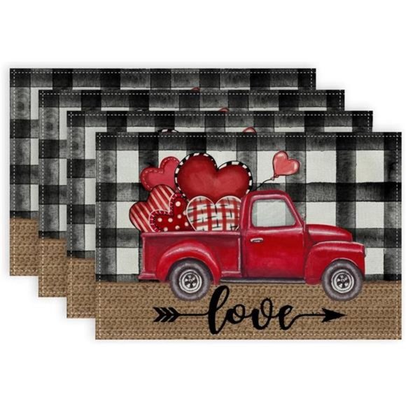 Farmhouse Table Placemats Valentines Day Decor Heart Truck Cottage Plaid Mats - Picture 1 of 9